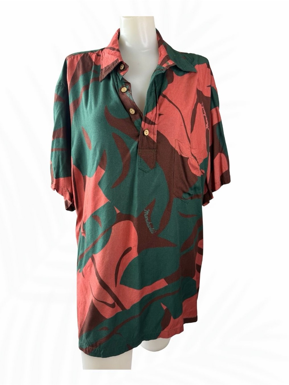 Vintage Manuheaaliʻi Hawaii Aloha Shirt Tropical Floral Green Coral Men’s